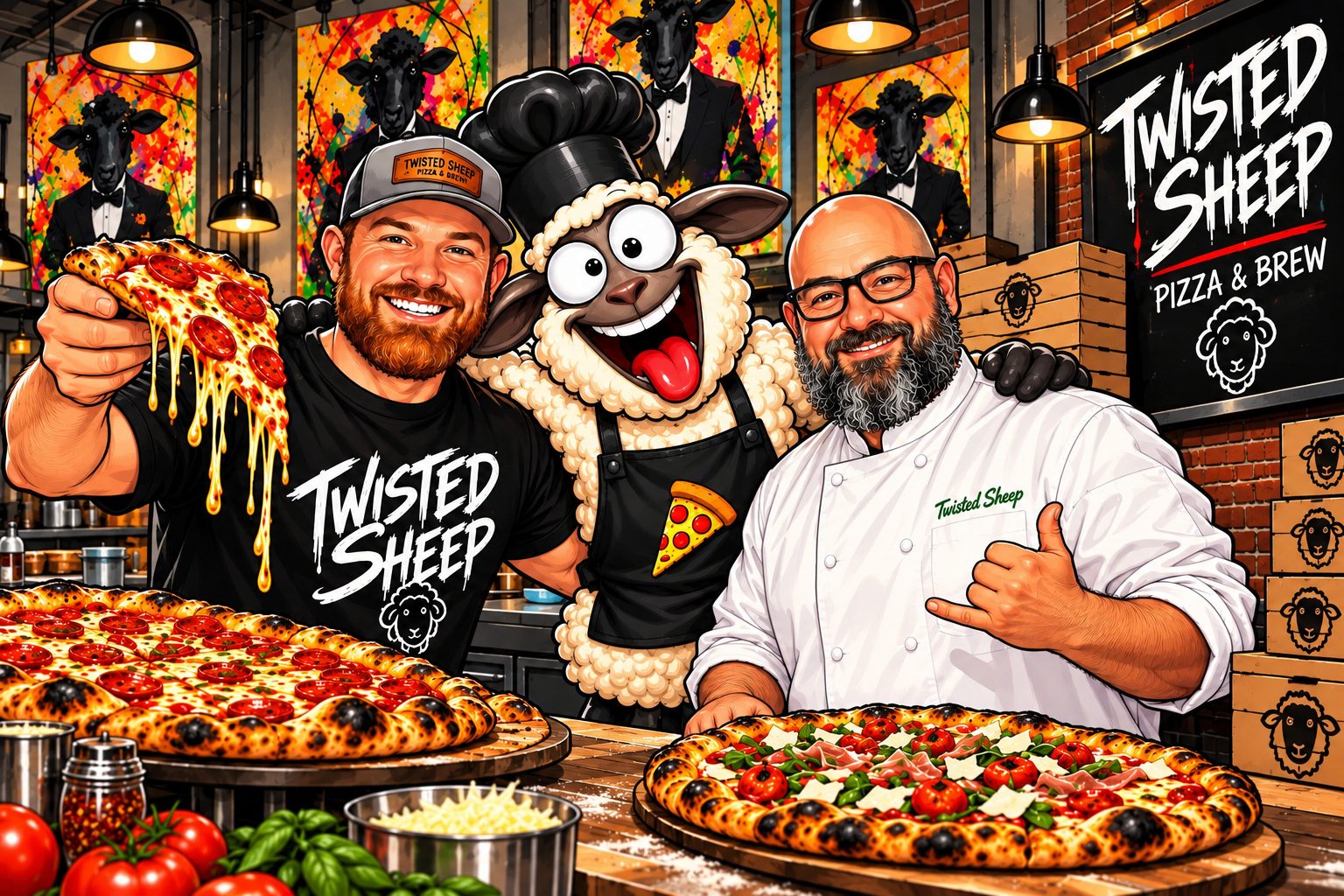 Illustration of the Twisted Sheep Pizza & Brew founders with the sheep mascot inside the pizzeria