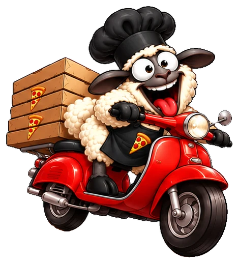 Twisted Sheep mascot delivering pizzas on a red scooter
