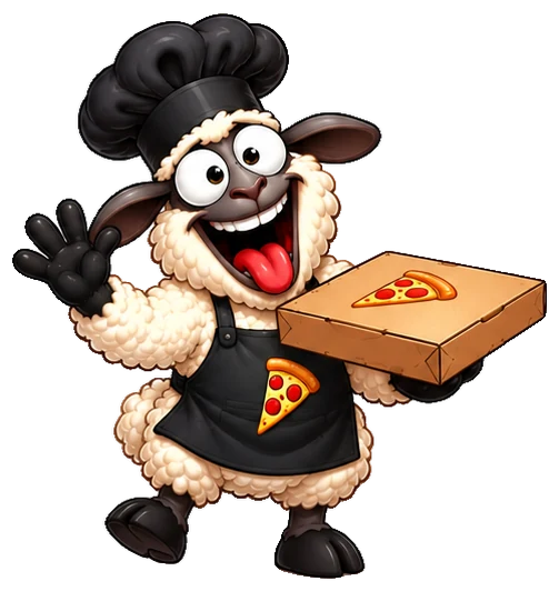 Twisted Sheep mascot waving with a pizza box
